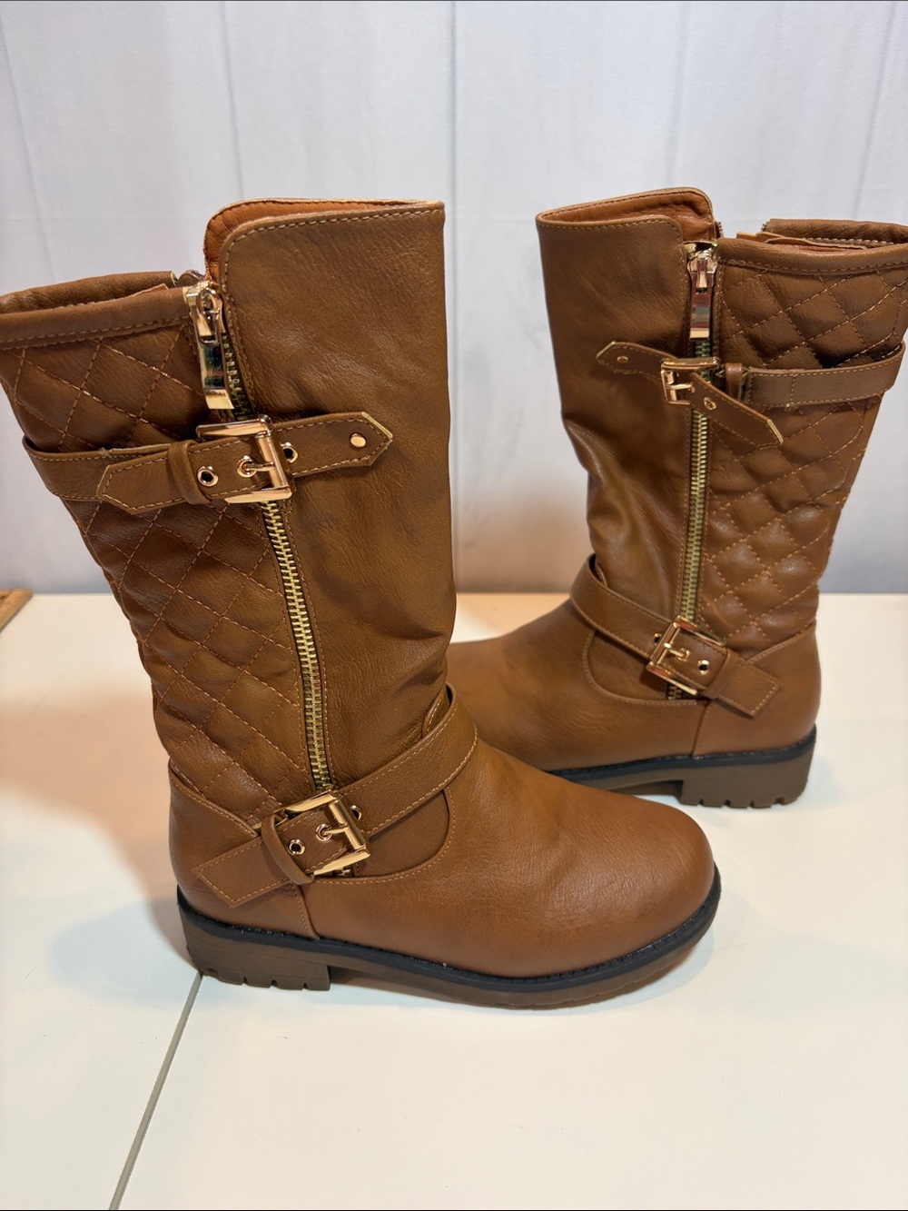 DREAM PAIRS Girls Brown Quilted Buckle Riding Boots Size 1